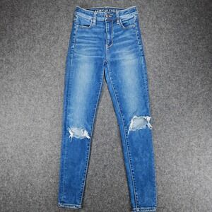 American Eagle Super HiRise Jeggings Next Level Stretch Ripped Knee Jeans Size 0